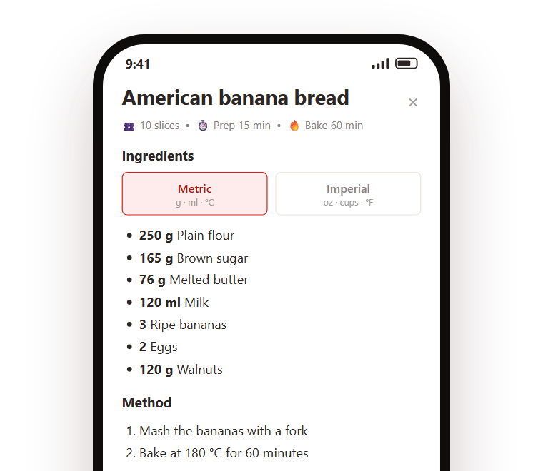 The switch between metric and imperial, and the video's amounts converted: 1 cup of flour becomes 125 g, 1 cup of sugar 200 g, half a cup of butter 115 g, and 350 °F becomes 180 °C