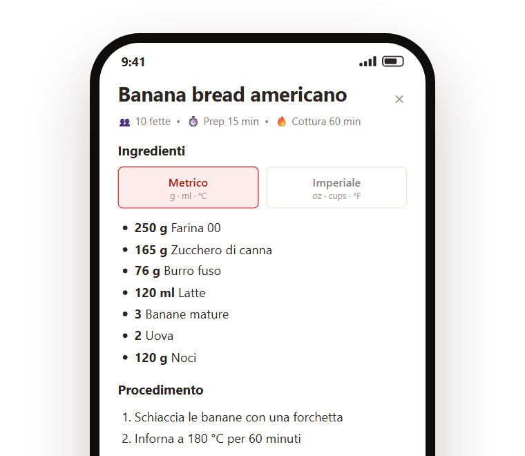 Il selettore fra sistema metrico e imperiale, e le dosi del video convertite: 1 tazza di farina diventa 125 g, 1 tazza di zucchero 200 g, mezza tazza di burro 115 g, e 350 °F diventano 180 °C