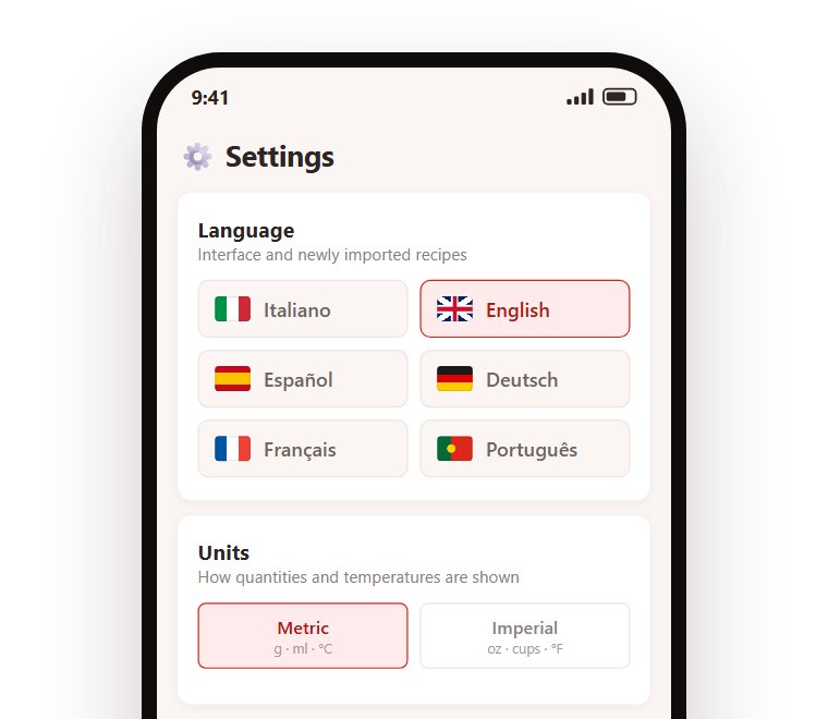 Gnap's language settings on a phone: six buttons with flag and name, Italian, English, Spanish, German, French and Portuguese, with English selected