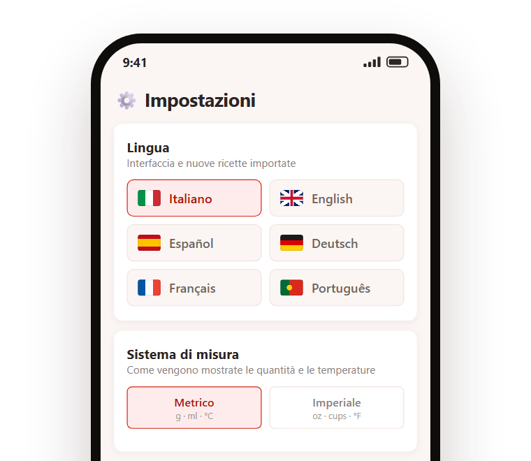 Il telefono sulle impostazioni della lingua di Gnap: sei pulsanti con bandiera e nome, italiano, inglese, spagnolo, tedesco, francese e portoghese, con l'italiano scelto