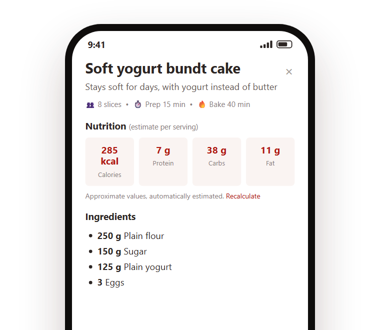 A recipe's nutrition values in Gnap, estimated per serving: 285 kcal, 7 g of protein, 38 g of carbs, 11 g of fat. Below, the ingredients they are worked out from