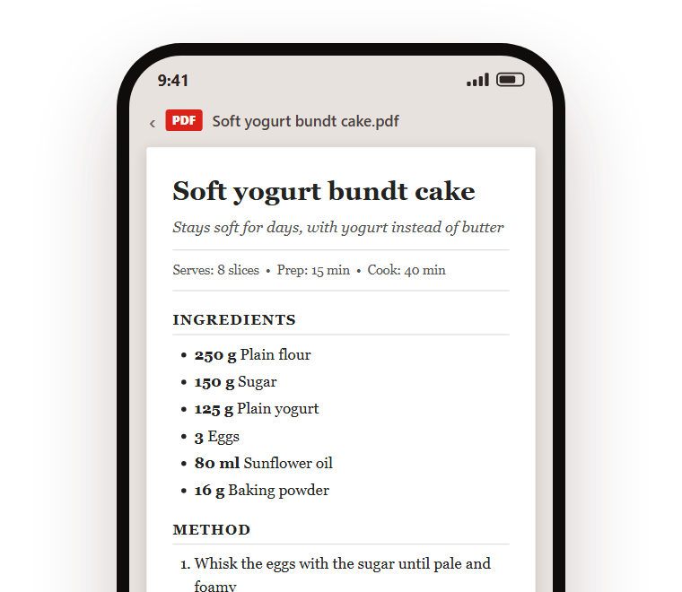 A recipe's PDF open on a phone: the clean card for the Soft yogurt bundt cake, with servings, times, ingredients and method