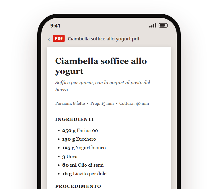 Il PDF di una ricetta aperto sul telefono: la scheda pulita della Ciambella soffice allo yogurt, con porzioni, tempi, ingredienti e procedimento