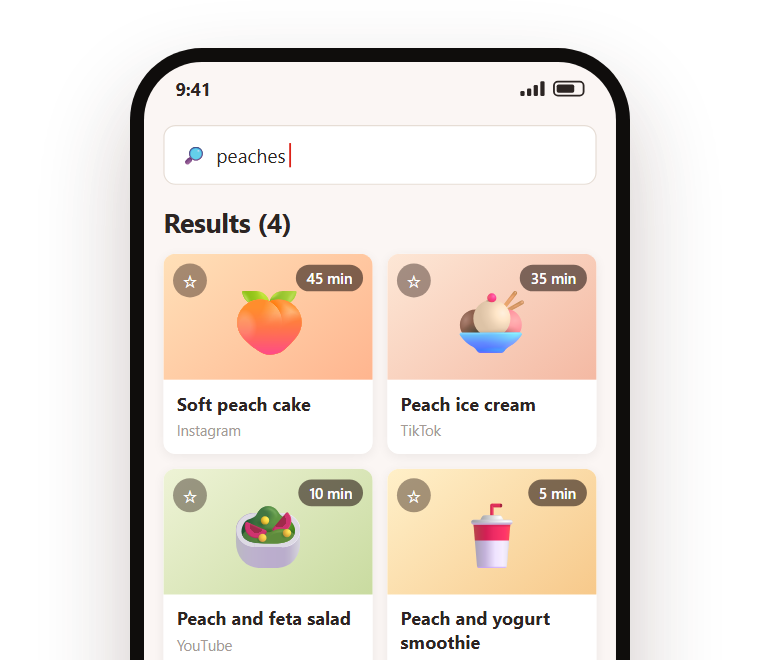 Searching “peaches” in Gnap's cookbook, with two recipes found: each has its cover, the time and the platform it came from