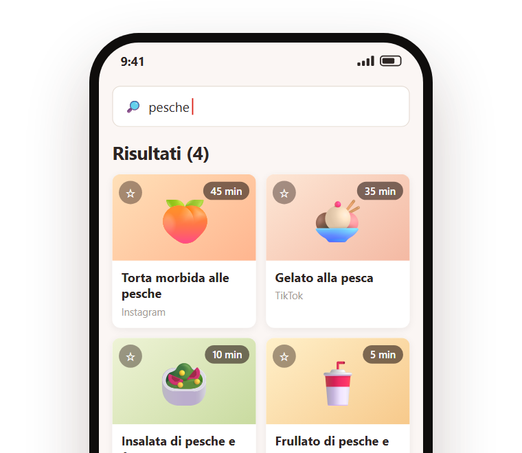 La ricerca «pesche» nel ricettario di Gnap, con due ricette trovate: ognuna ha la sua copertina, il tempo e la piattaforma da cui arriva