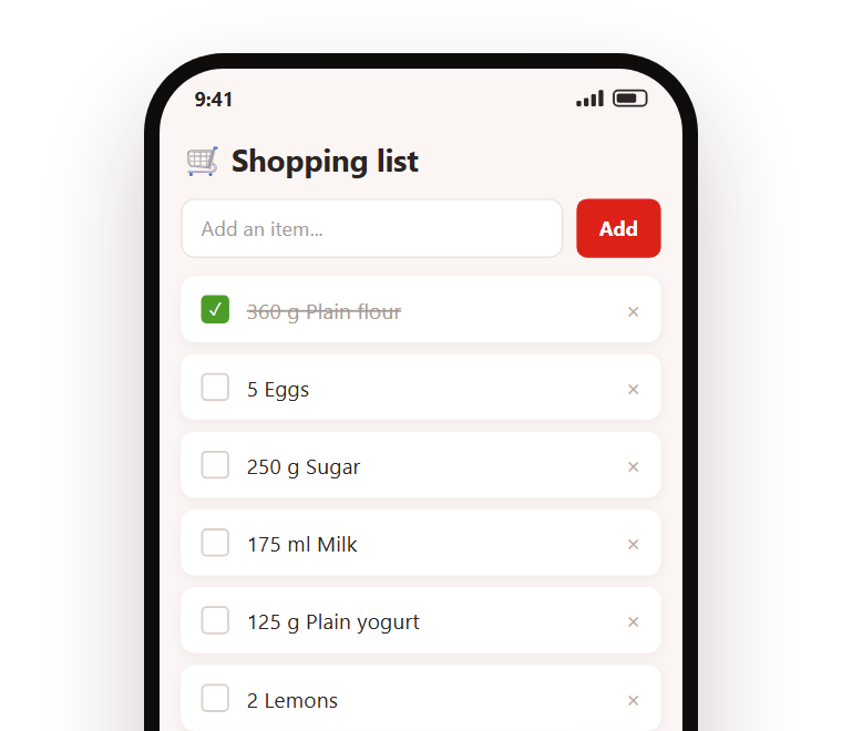 Gnap's shopping list with amounts next to the ingredients and one item already ticked. Above it, the message: 3 added, 2 merged with existing ones