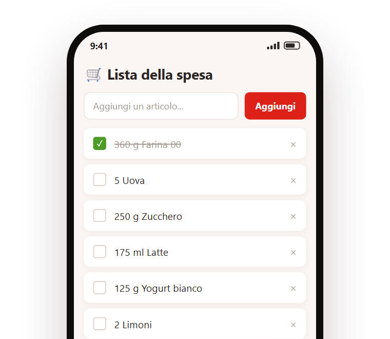 La lista della spesa di Gnap con le quantità accanto agli ingredienti e una voce già spuntata. Sopra, l'avviso: 3 aggiunti, 2 sommati a quelli in lista